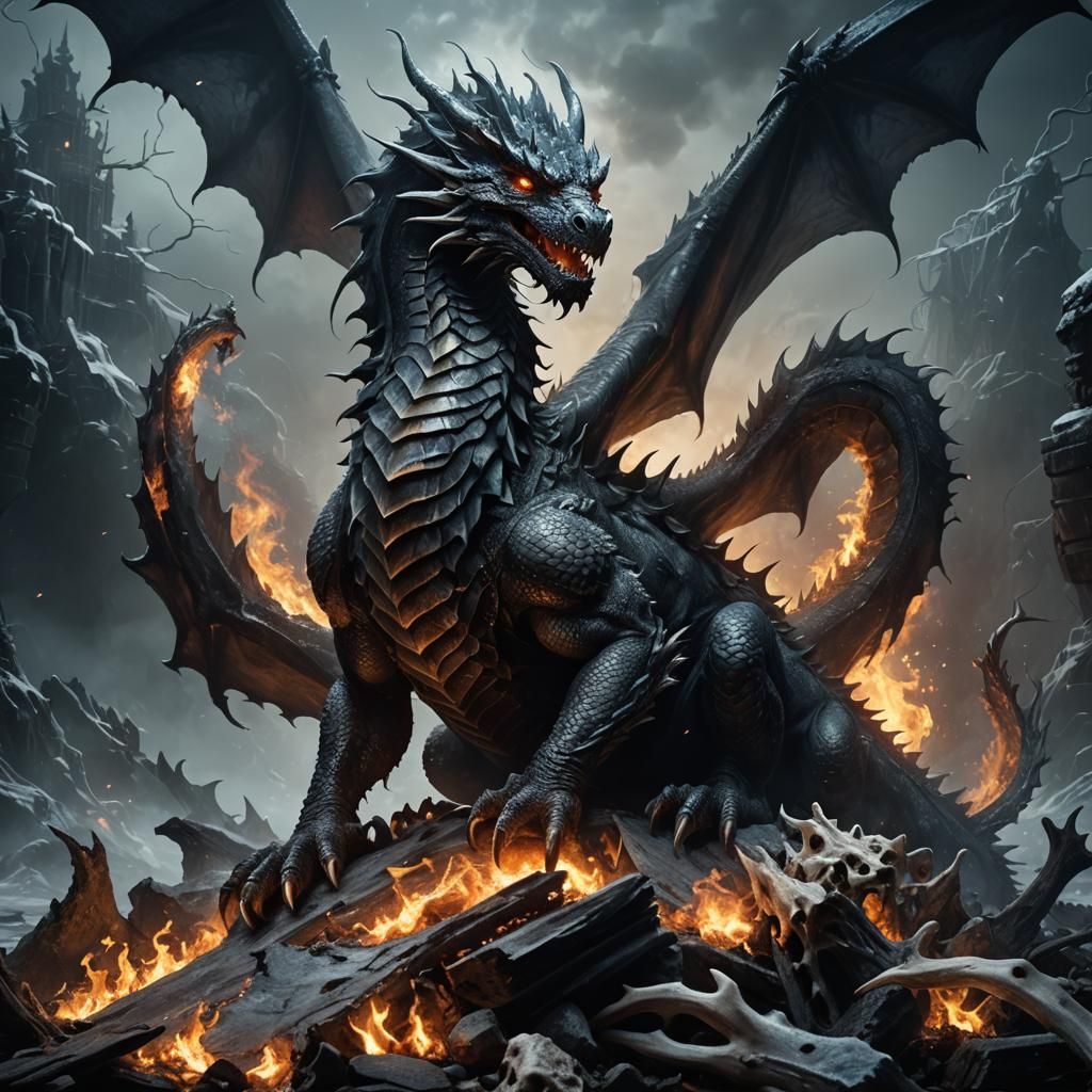 Fire Dragon Perched on Bones in Dark Fantasy Art