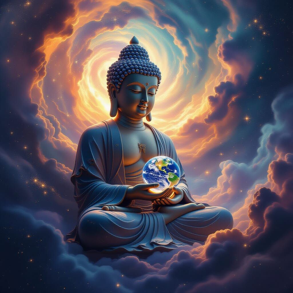AI Genesha Buddha Holding Earth Amidst Cosmic Nebula