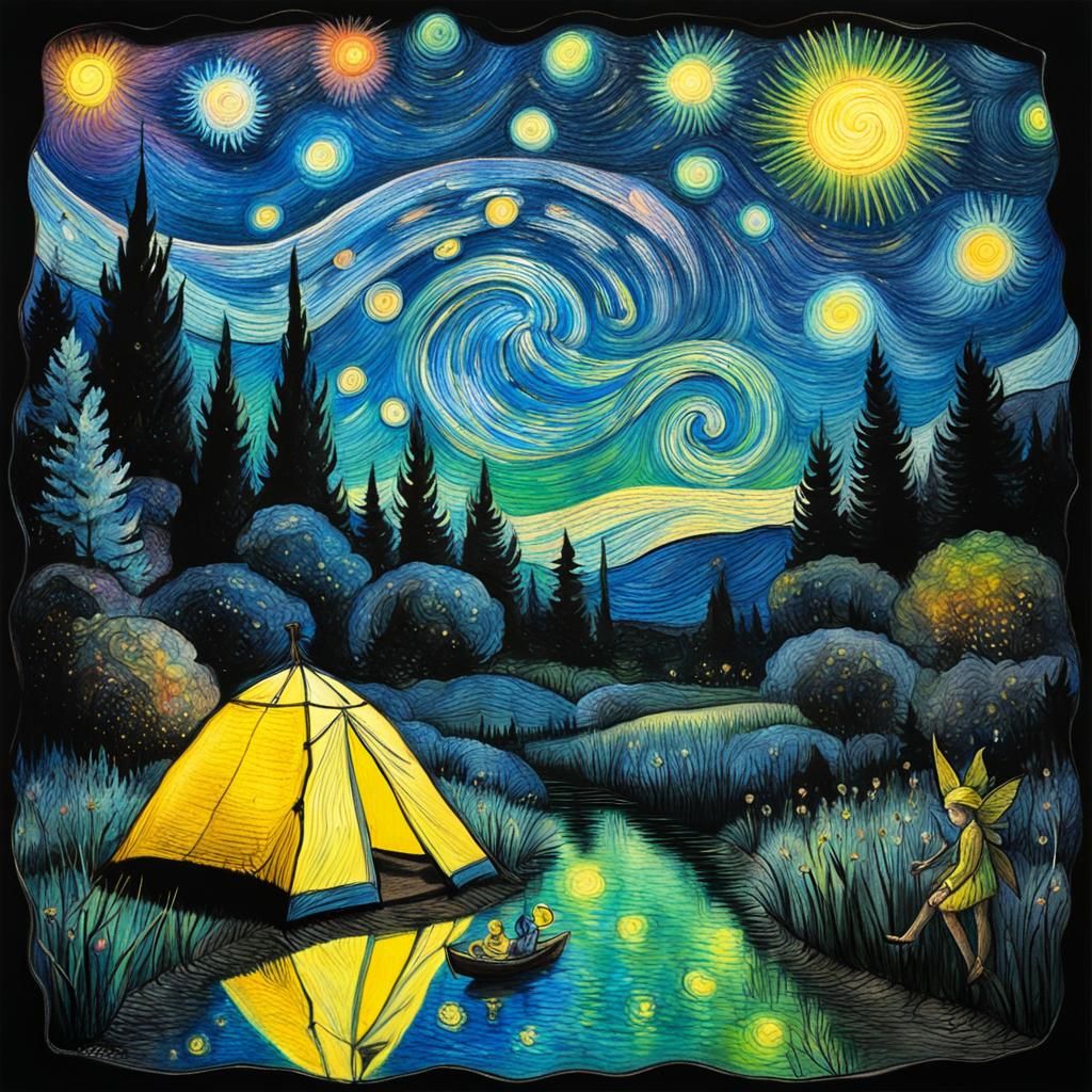 Fairy Gathering on Starry Night as Crayon Drawing