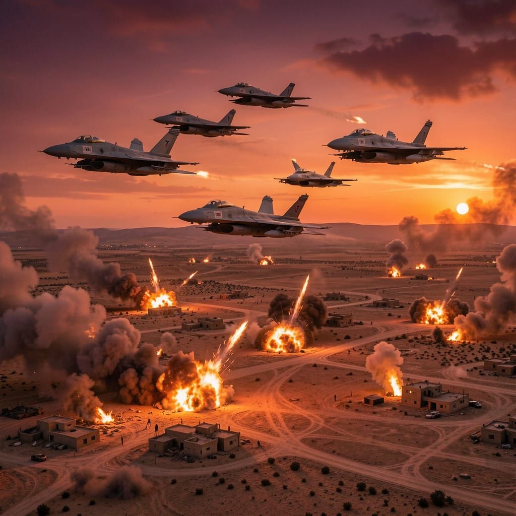 F-16 Jets Bombard Desert Targets at Dusk in Cinematic Style