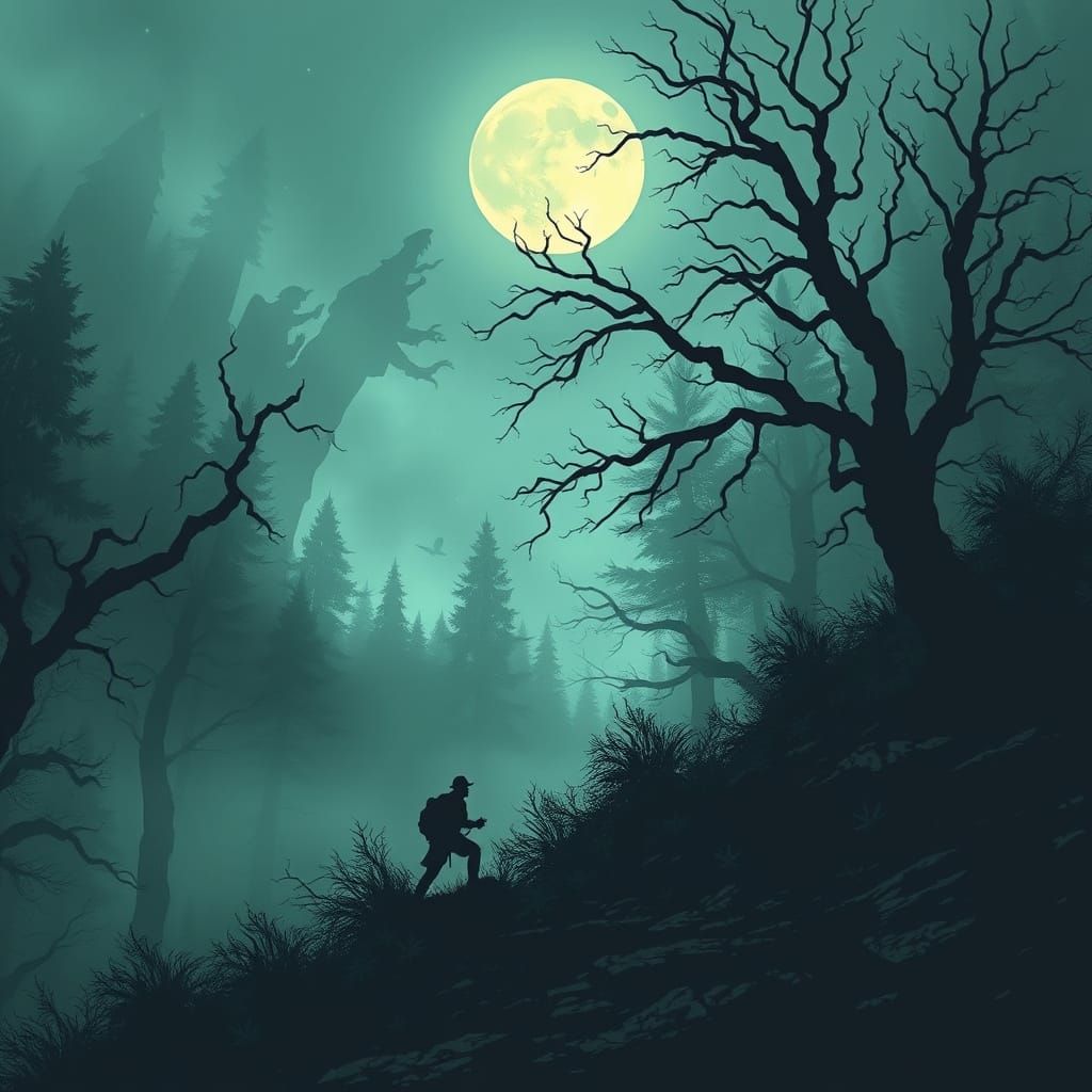 Ethereal Midnight Hiker in Mysterious Forest