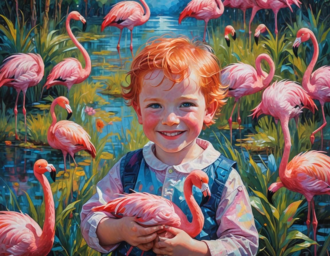 Child with Flamingo: Neo-Impressionist Mixed Media Portrait