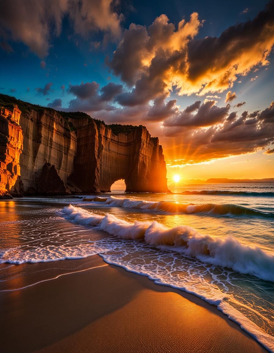 Stunning Coastal Sunset with Cliffs and Clear Water