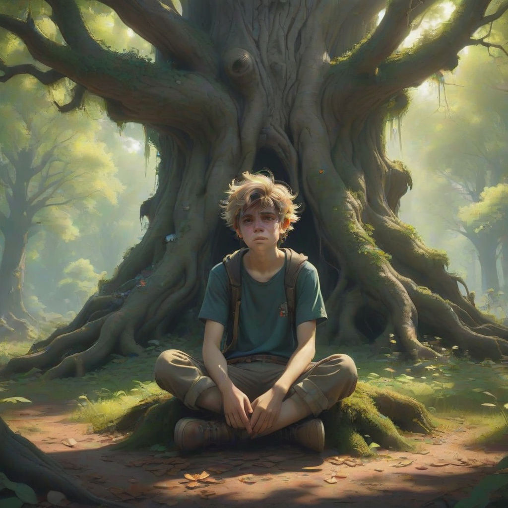 Young Boy Crafts Intricate Flower Crown at Oak Tree Base