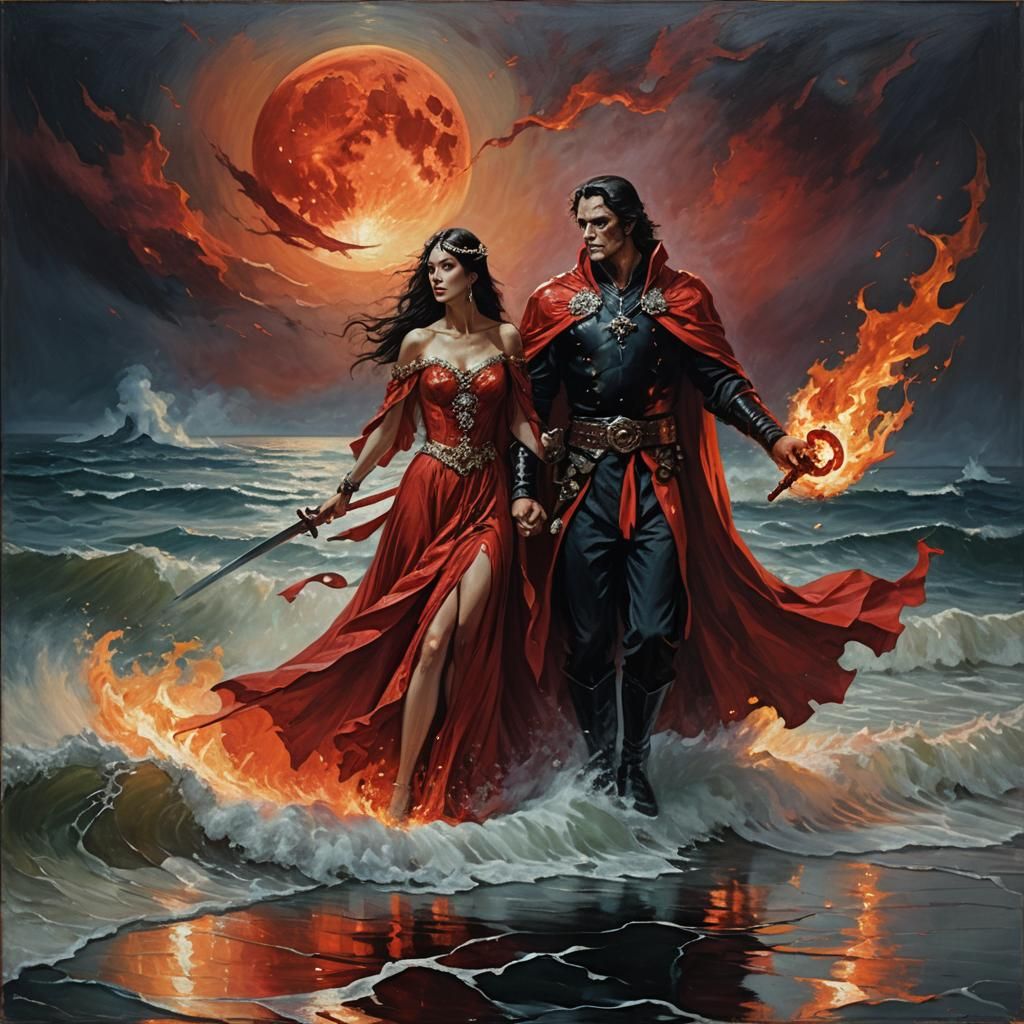 Vampire King and Fire Woman with Sword