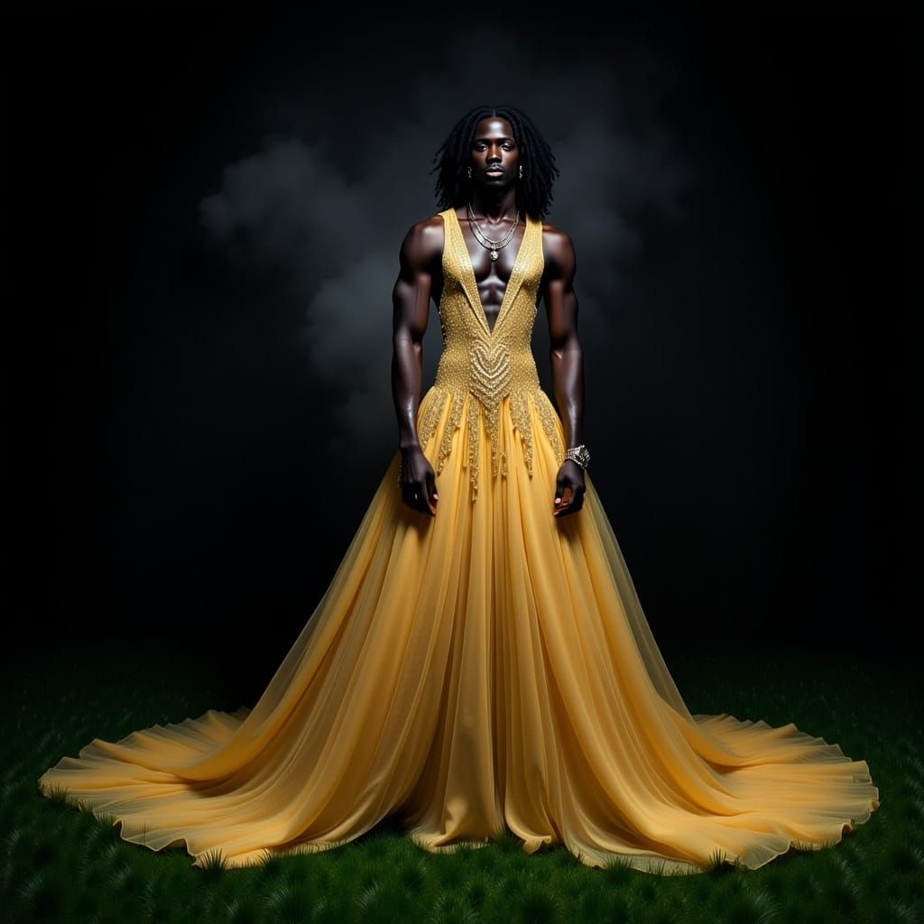 Black Man in Gold Gown in Green Meadow
