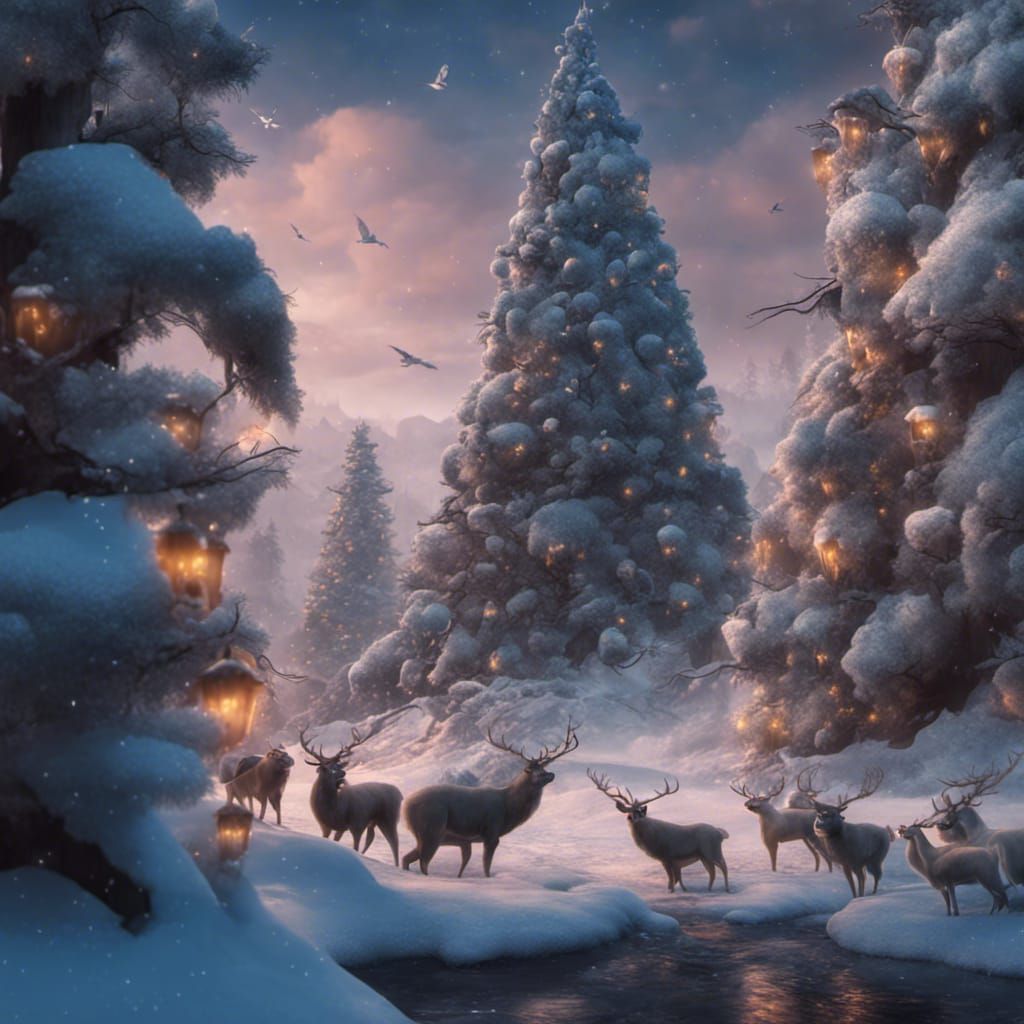 Fantasy Christmas Trees and Wildlife in Winter