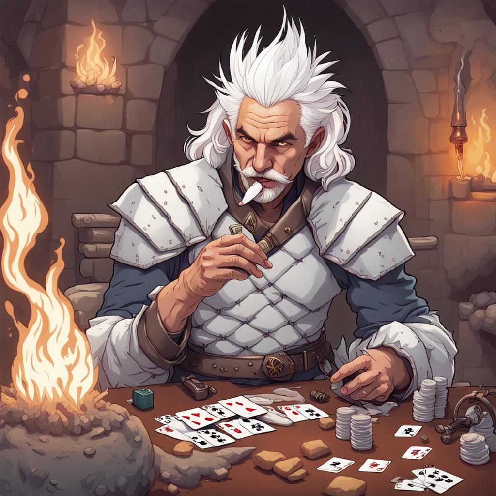 Gaunt Man with White Hair Playing Cards