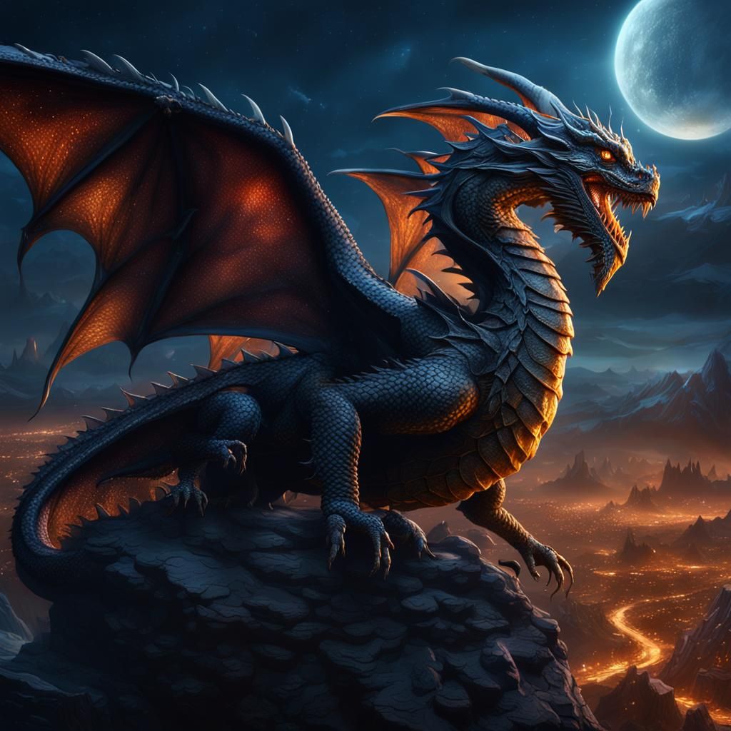 Dragons in a Detailed Night Sky Painting