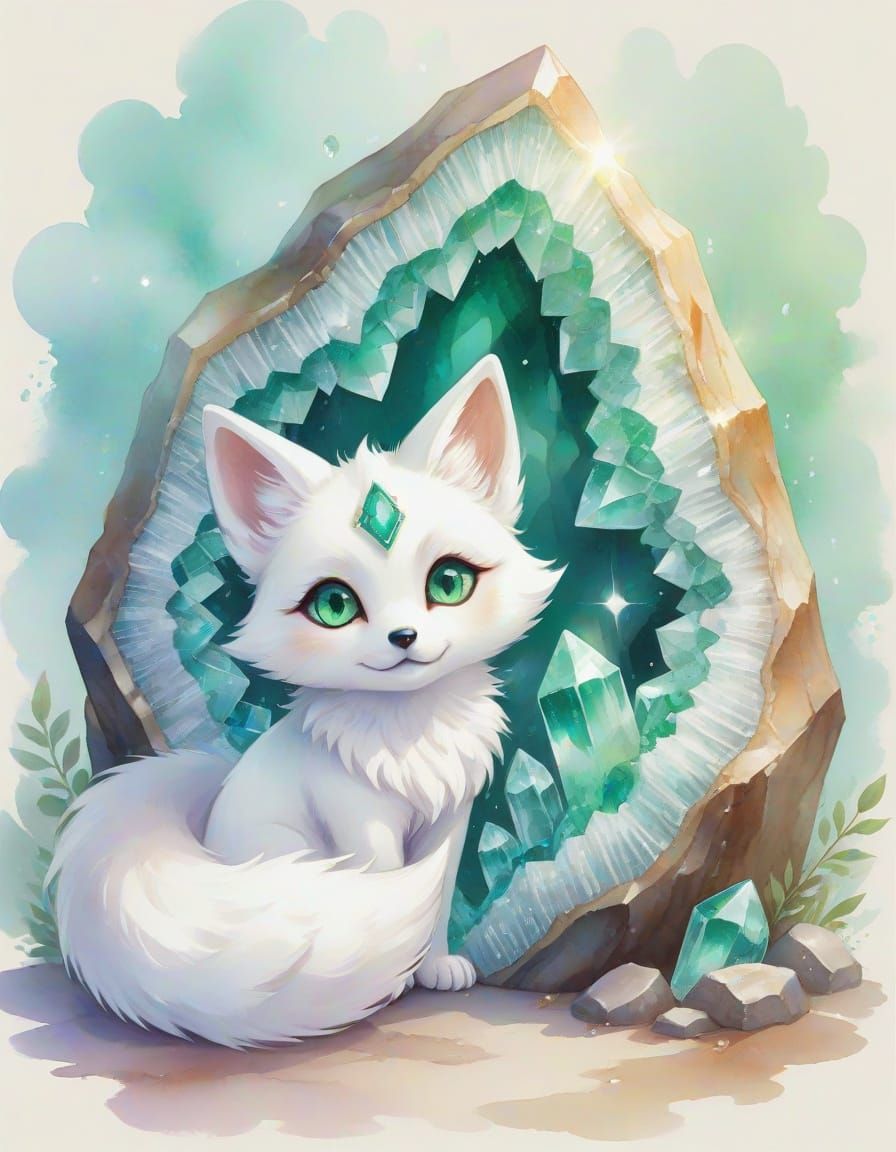 Mischievous Kitsune Peeking From Emerald Geode