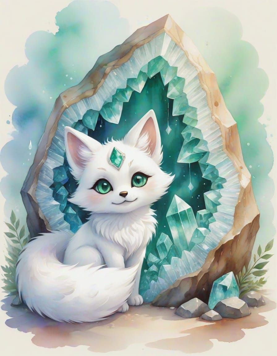 Kitsune Peeking from Emerald Geode in Watercolor Style