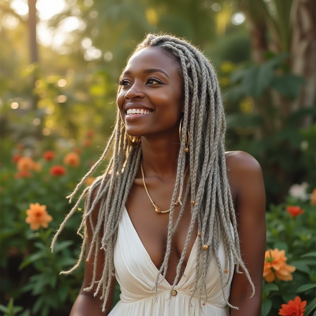 Elegant Woman with Silver Dreadlocks in Botanical Garden
