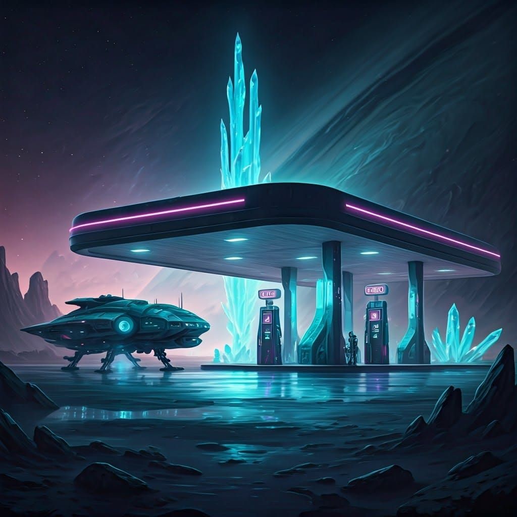 Futuristic Alien Gas Station in Cyberpunk Style