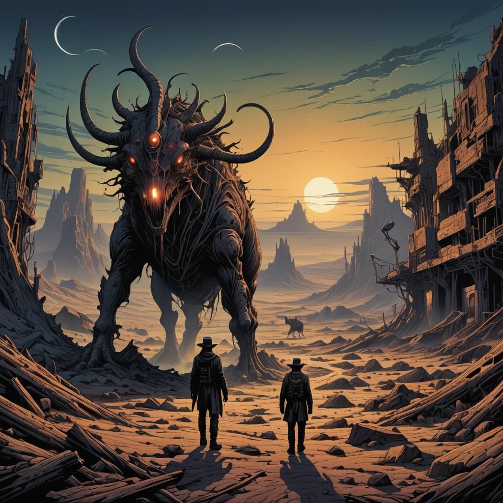 Desolate Wasteland with Twisted Creatures in Comic Style