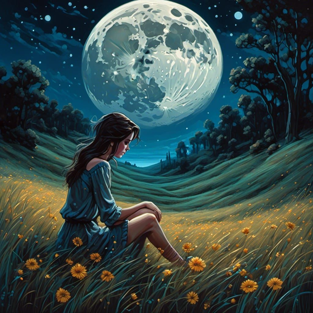 Brunette in Field Under Moonlight: Oil Painting
