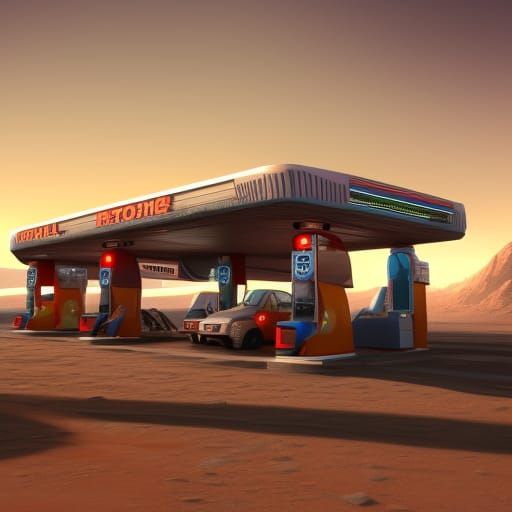 Retro Gas Station on Mars: Detailed Matte Painting