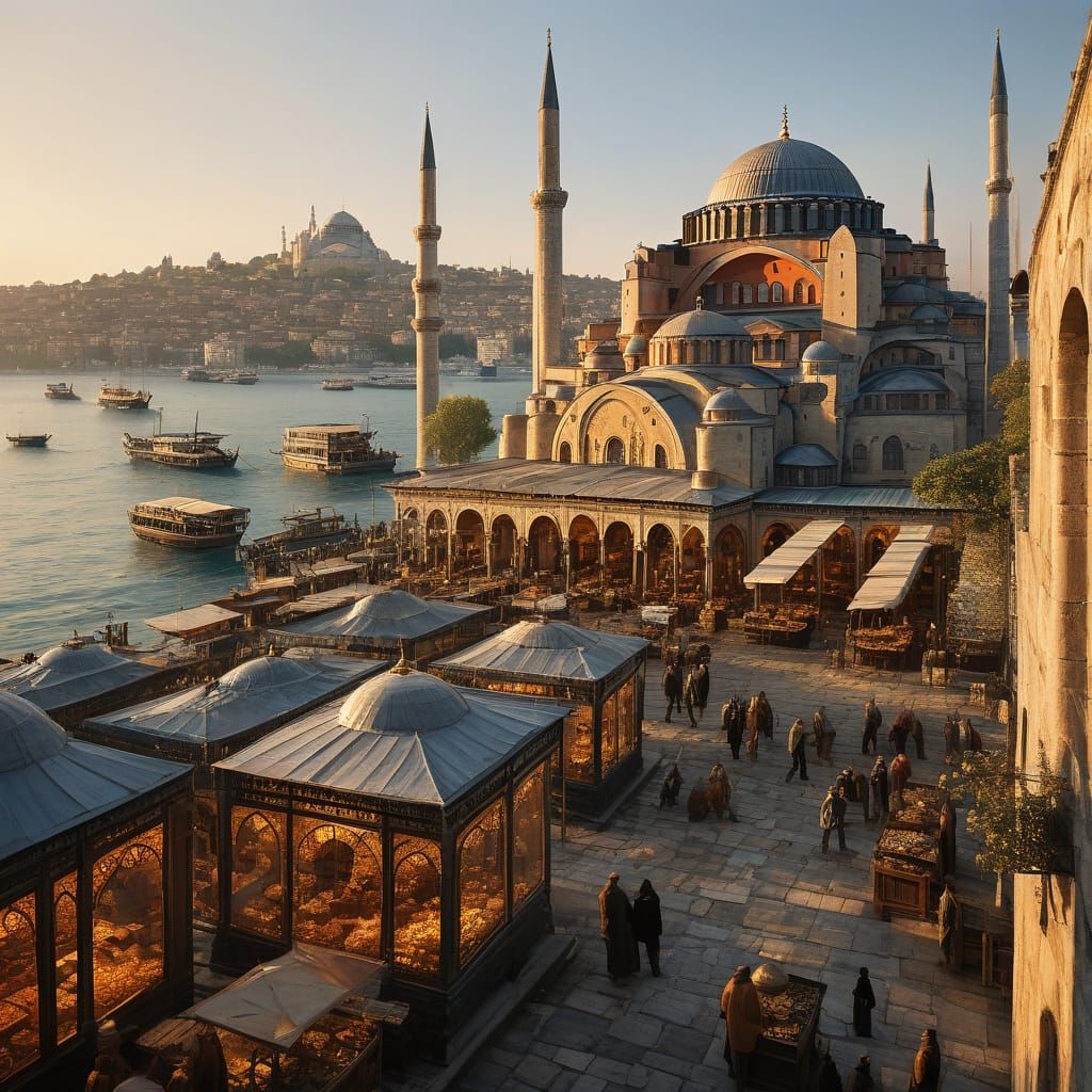 Byzantine Bosphorus Marketplace in Warm Golden Light