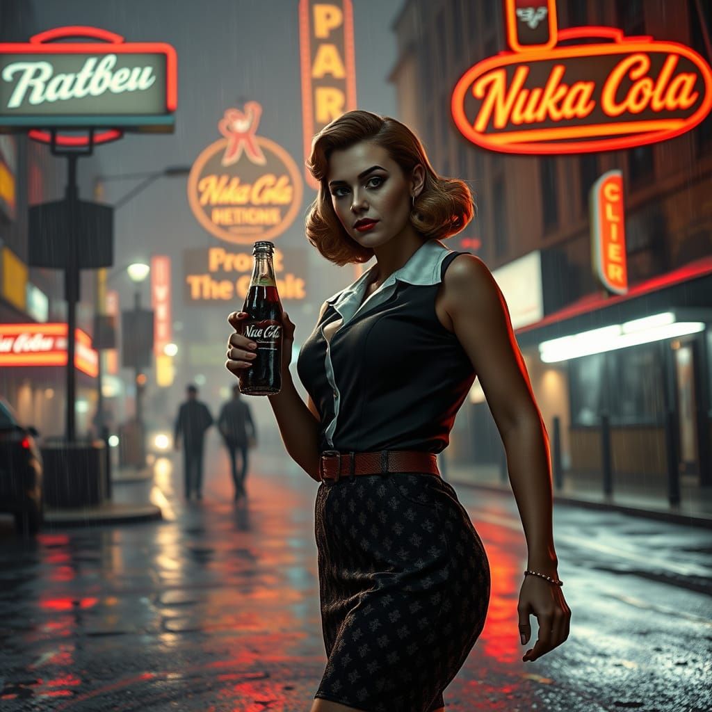 Retro Nuka Cola Ad in a Dark, Rainy City