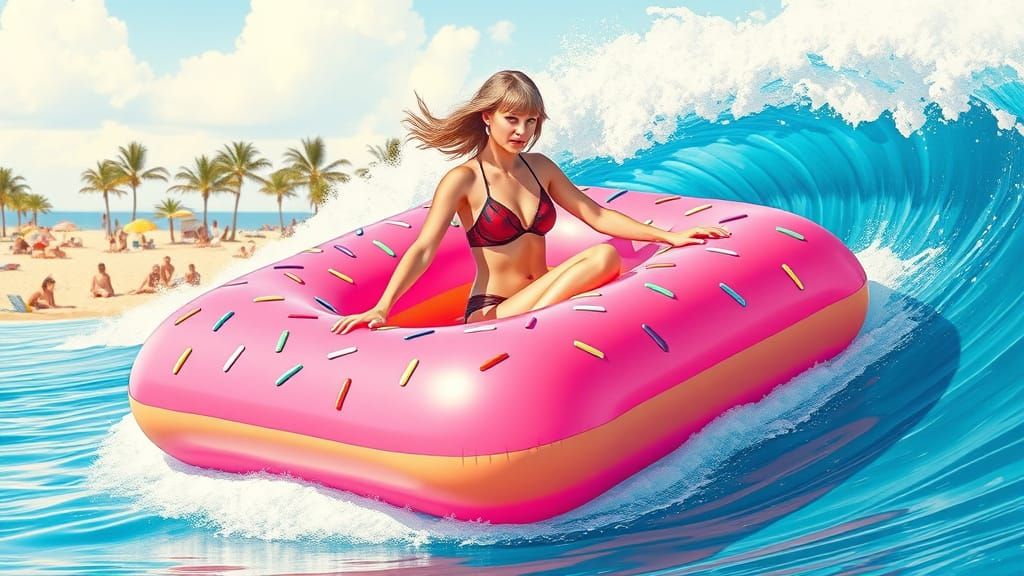 Taylor Swift on a Colorful Donut Pool Ride in a Vibrant Beac...
