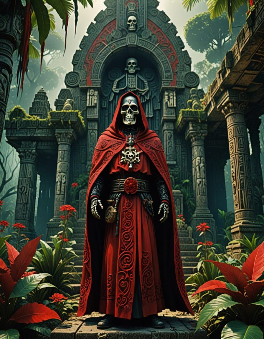 Santa Muerte Goddess in Vibrant Mayan Jungle Temple