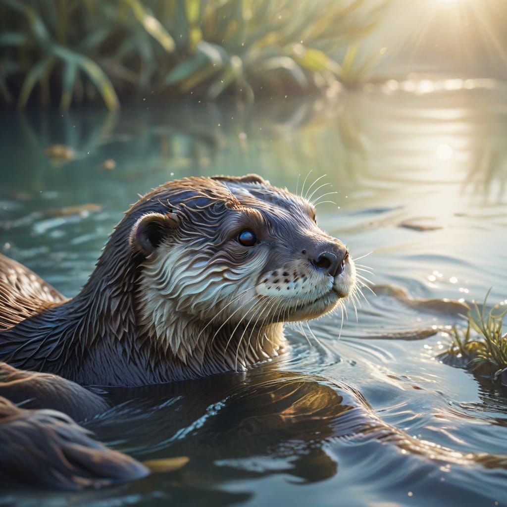 Dreamlike Otter in River: Vibrant Watercolor Surrealism