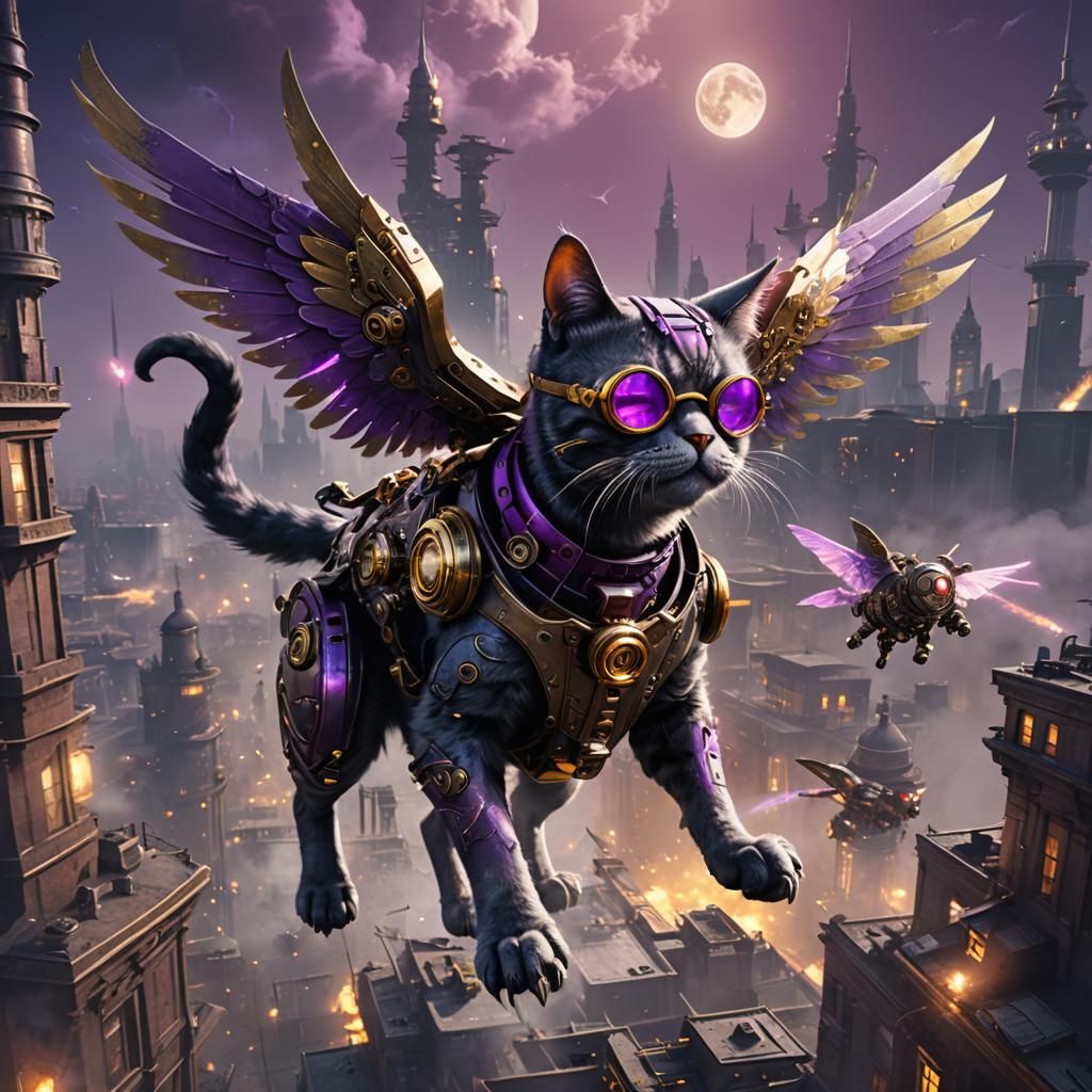 Steampunk Cyborg Cat Soaring Over Moonlit City
