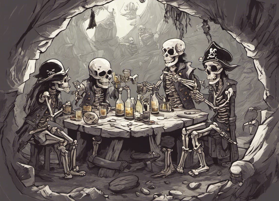 Pirate skeletons drinking and sharing loot at their cave hideout #1