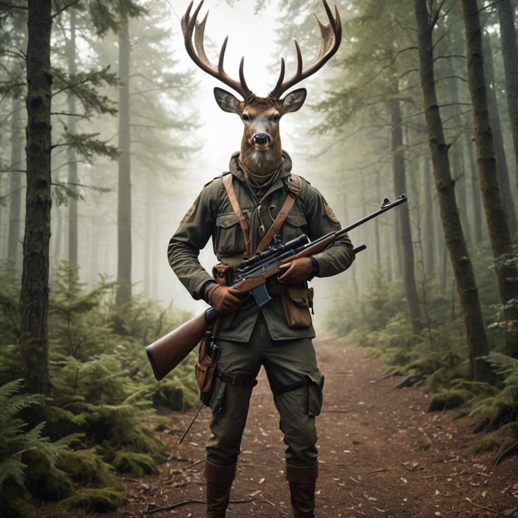 anthropomorphic deer with hunting riffle in hand in woods, u...