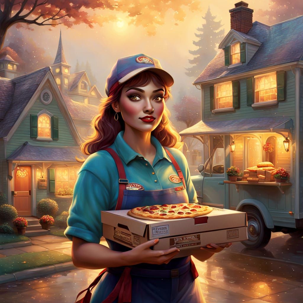 Fantasy Pizza Delivery in Kinkade Style