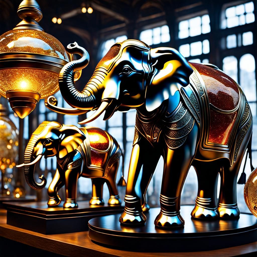 Glass-Blown Elephants with Glittering Texture