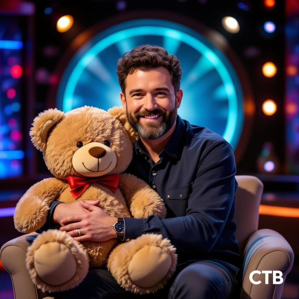 Man Hugs Teddy Bear on Studio Set