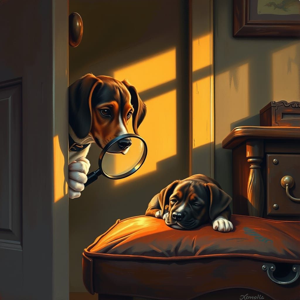 Detective Dog Investigates Sleeping Puppy in Noir Style
