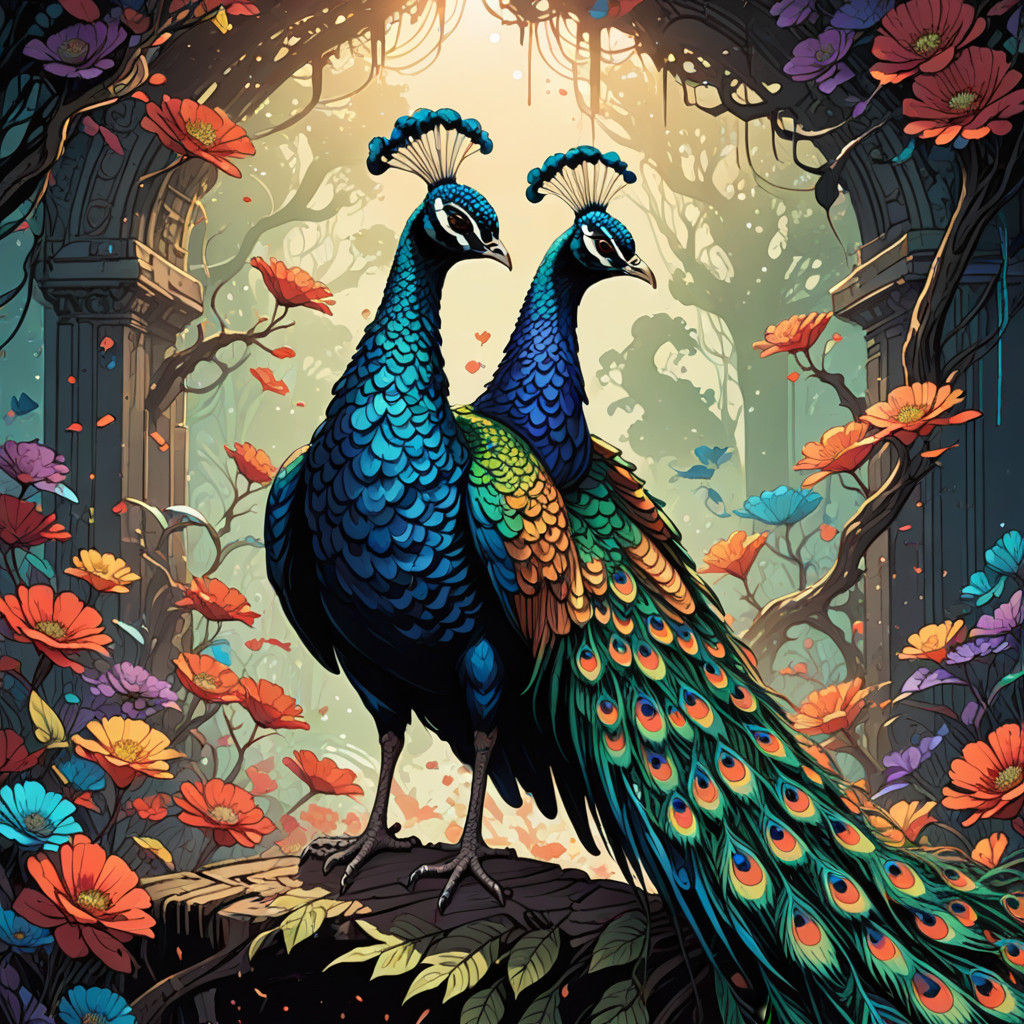 A Peacock in Vibrant Dance, Abstract Art with Fine Details