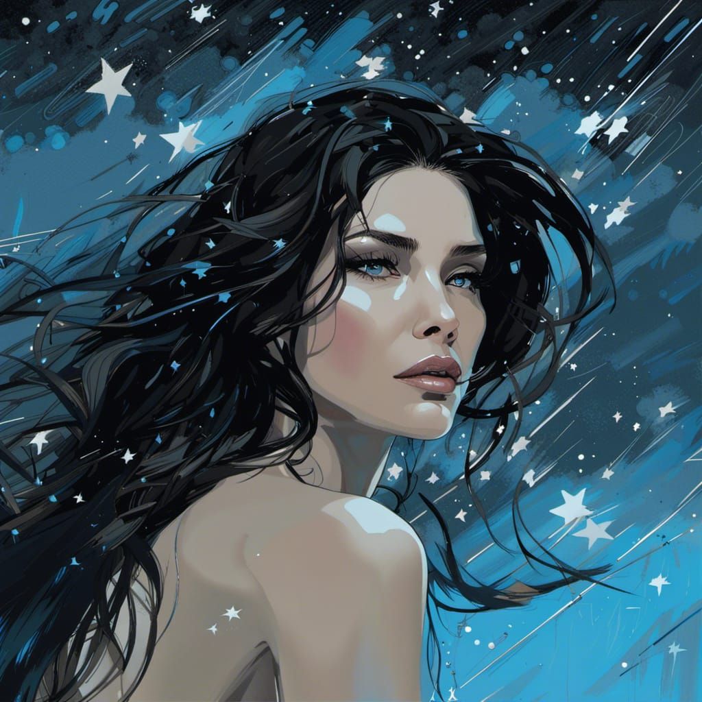Brunette in Starry Sky: Digital Painting with Bold Brushstro...