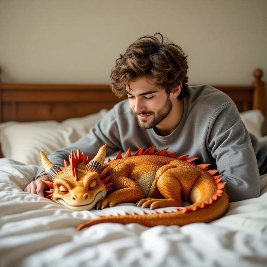 Man and Dragon: A Tender Moment in Photorealistic Style