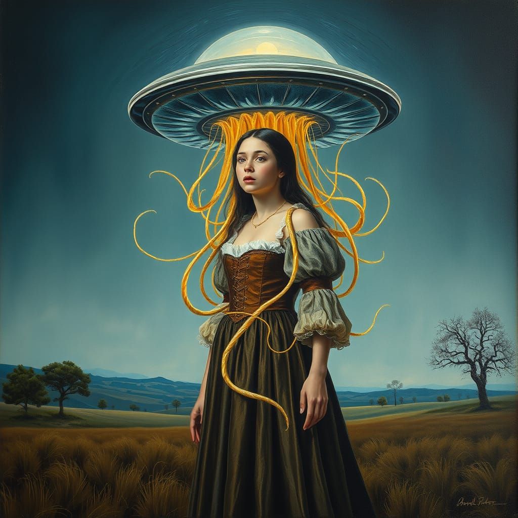 Surreal Abduction Scene in Dreamlike Countryside