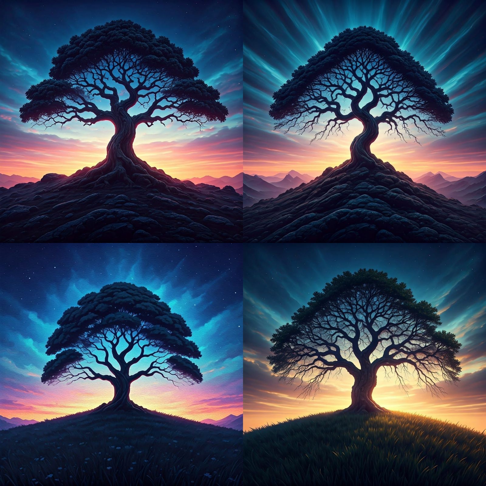 Lone Tree on Hill Under Moonlit Sky