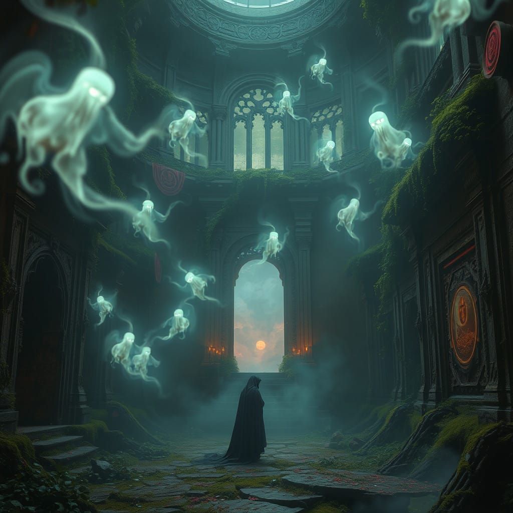 Ethereal Apparitions in Ancient, Labyrinthine Architecture