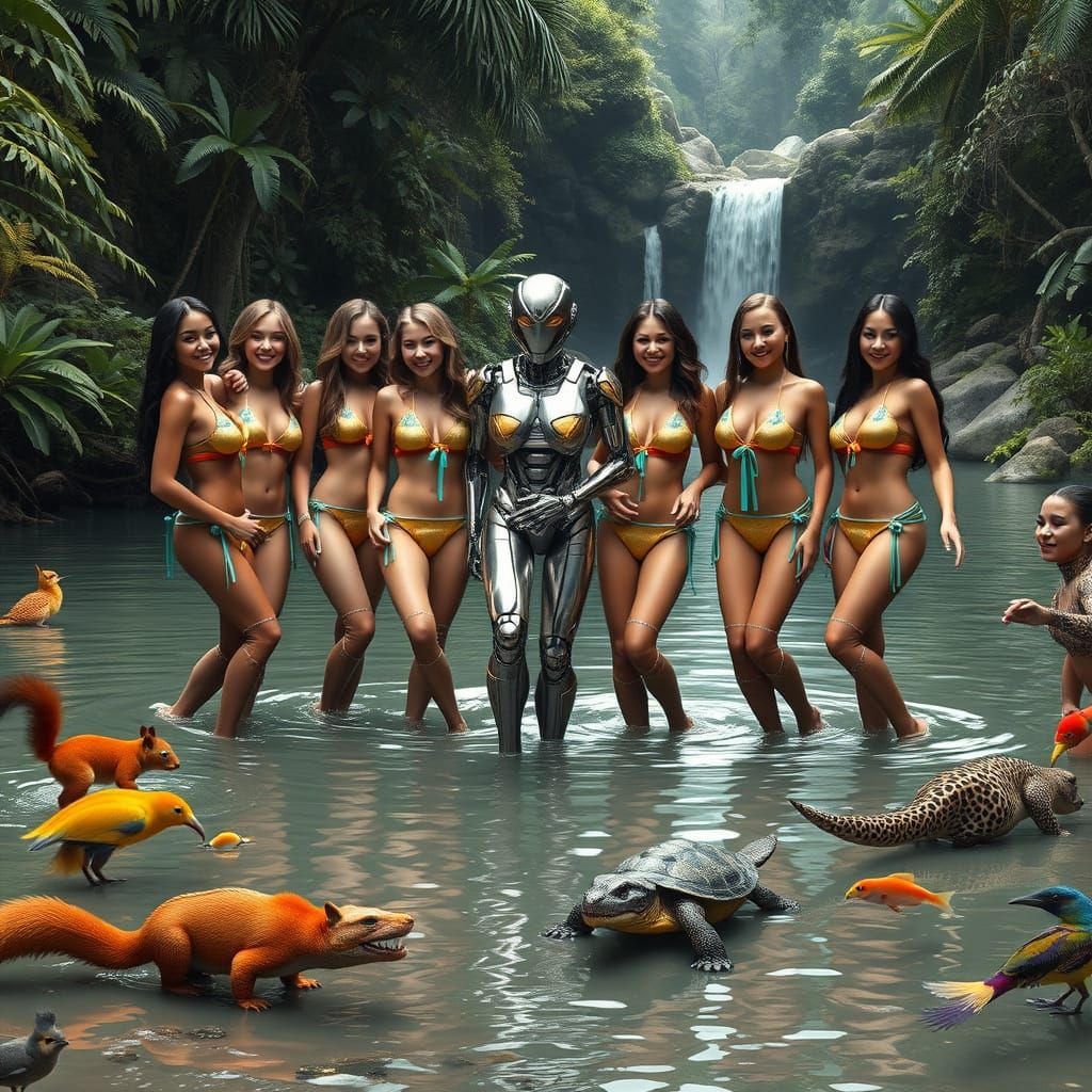 Futuristic Jungle Goddesses Dance in Harmony with a Robot Co...