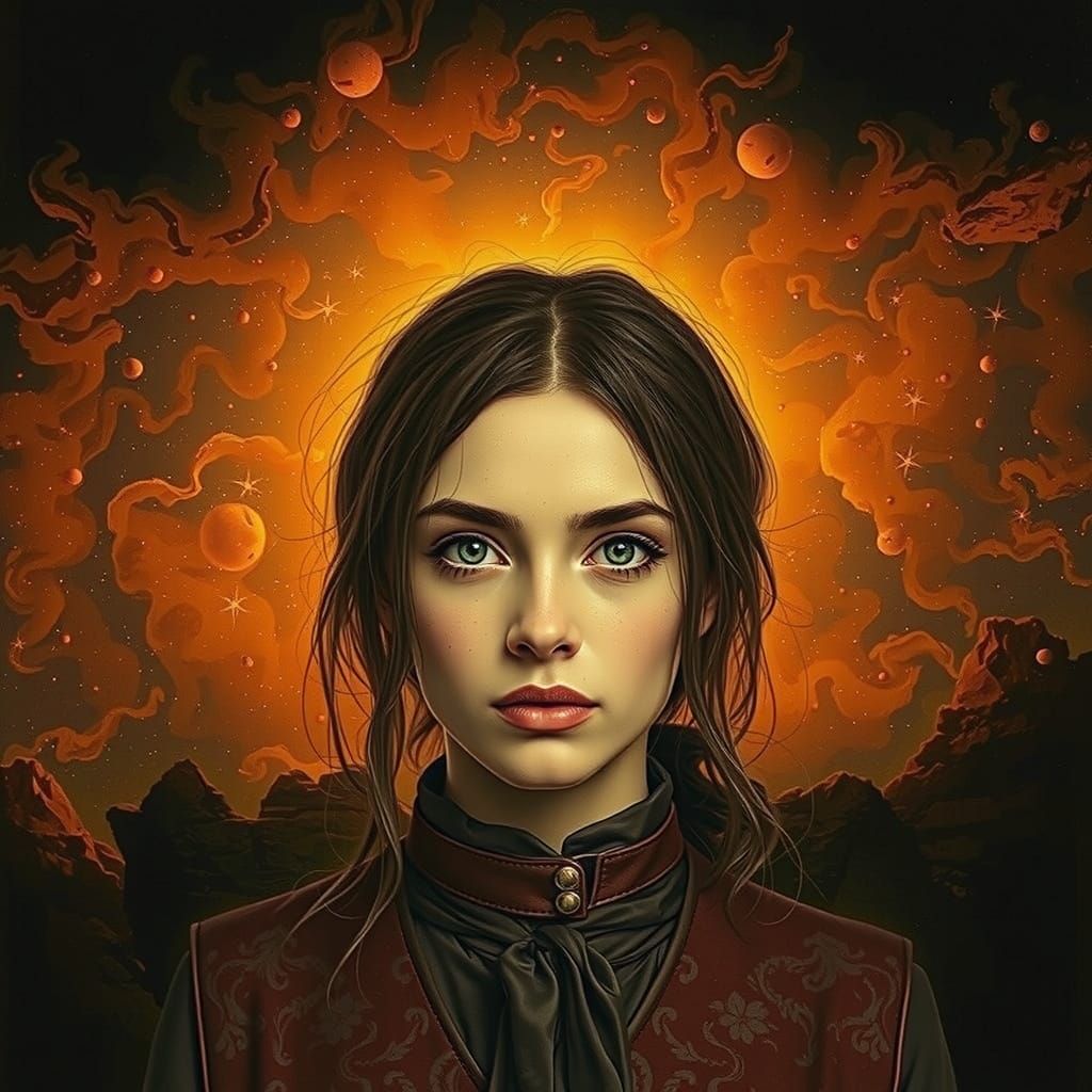 Woman on Cliff in Atmospheric Fog, Hyperrealistic Photograph...