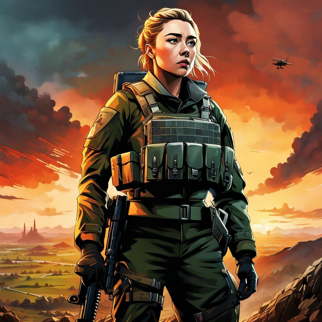 Ghibli-Style Soldier in Futuristic War Zone