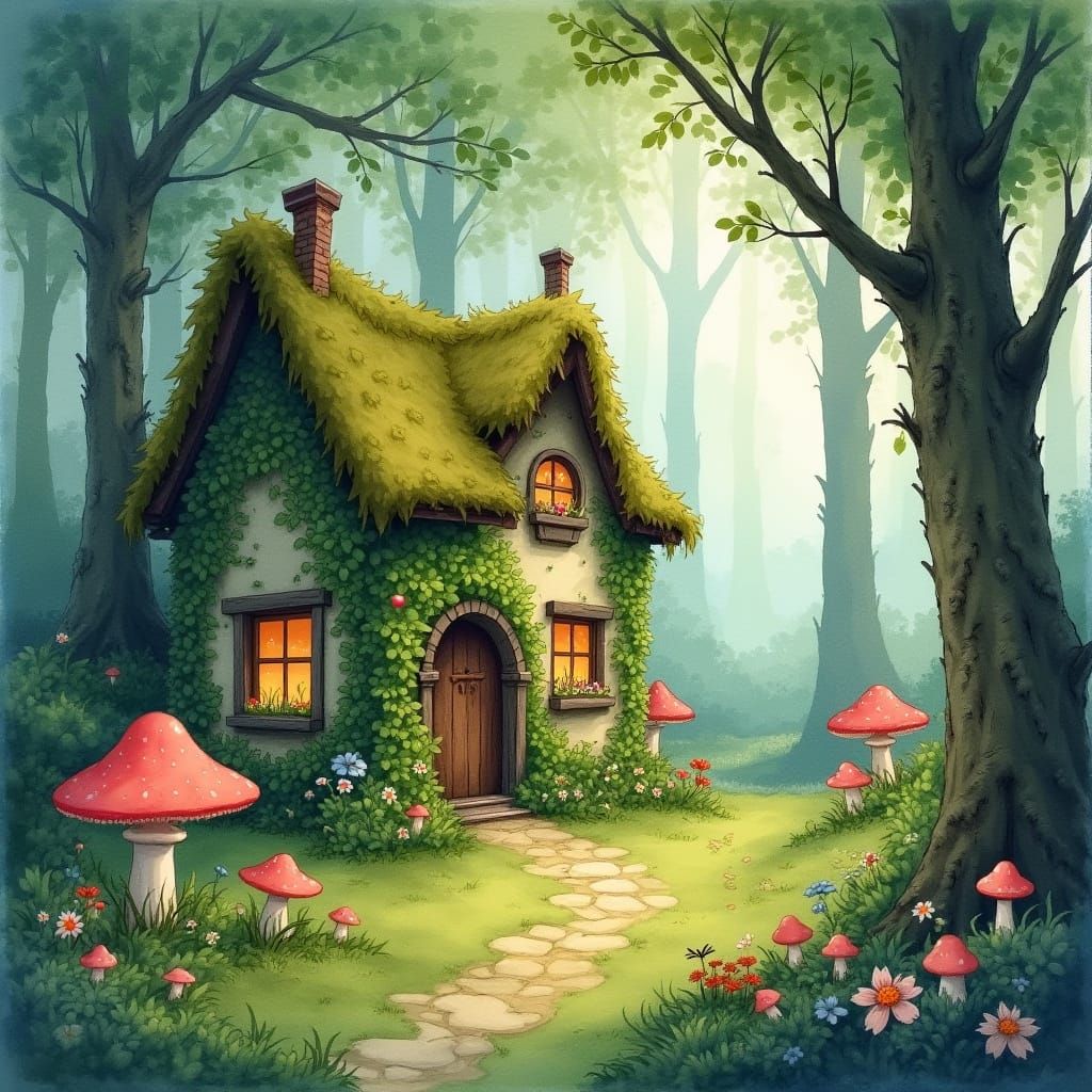 Whimsical Watercolor Cottage Scene in Enchanted Forest