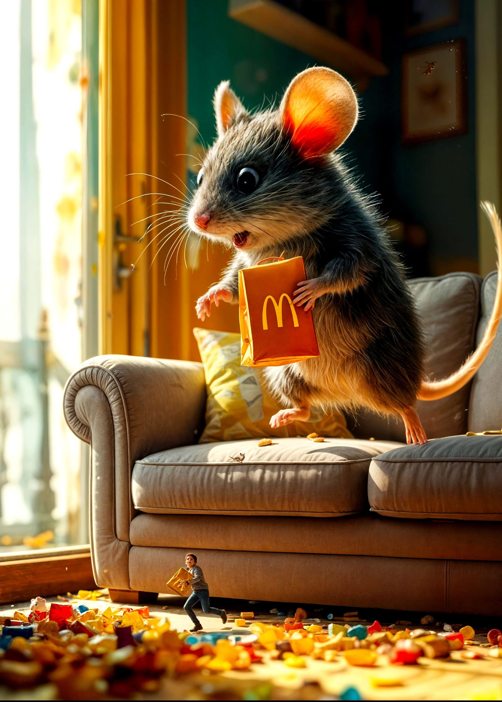 Giant Mouse Scared by Tiny Human with McDonald's