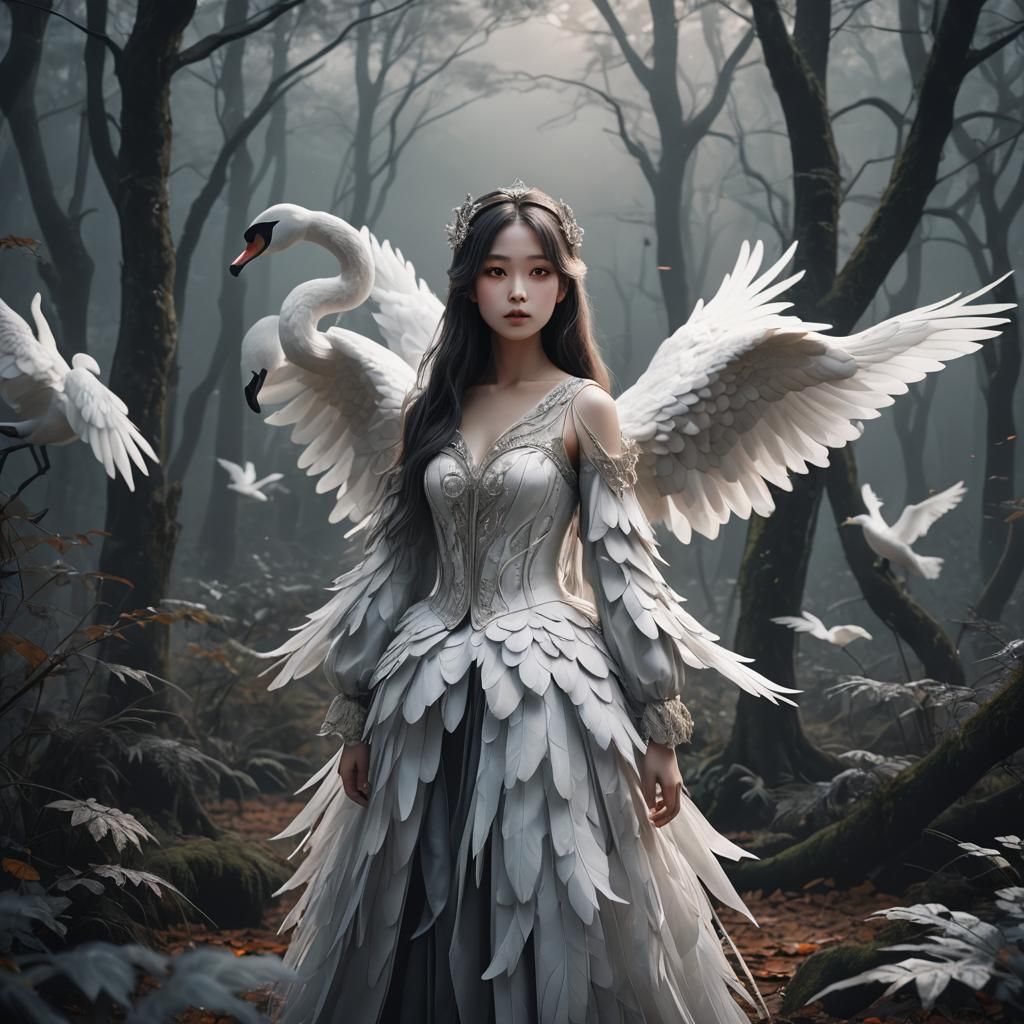 Swan Costume in Misty Forest: 3D Anime Art