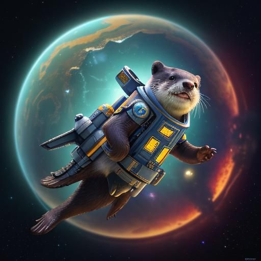 Cute Otter Soaring Through Space in Detailed Painting
