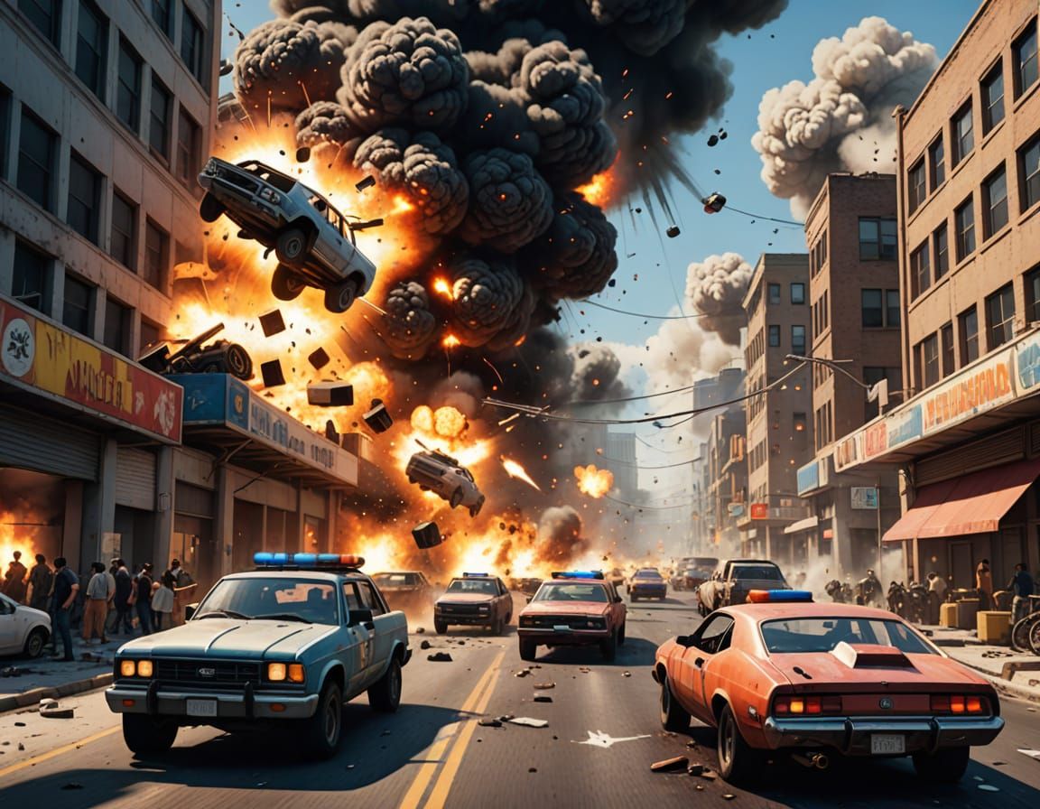 Explosive Vehicle Chaos in Video Game Art Style