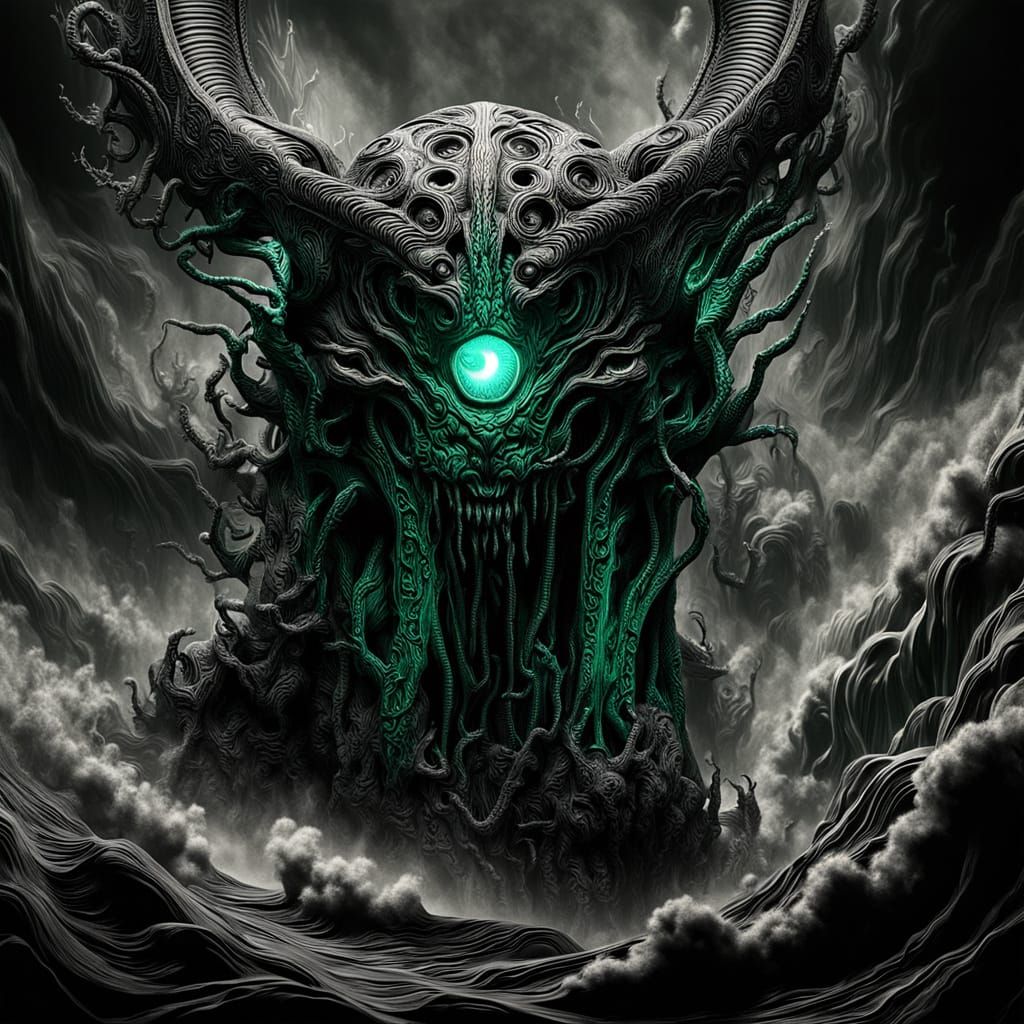 Cinematic Biomechanical Eye in Swirling Fog