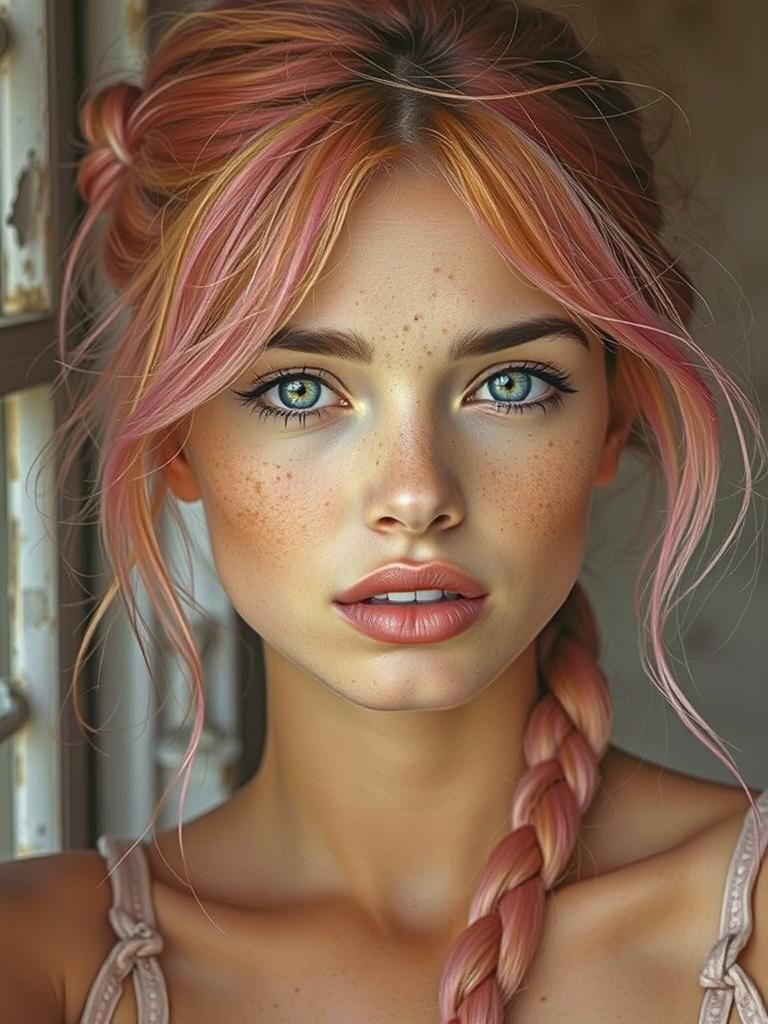 Beautiful Pink-Haired Woman in Hyperrealistic Photo
