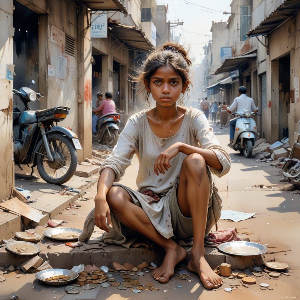 Surreal Indian Street Scene with a Beggar Girl