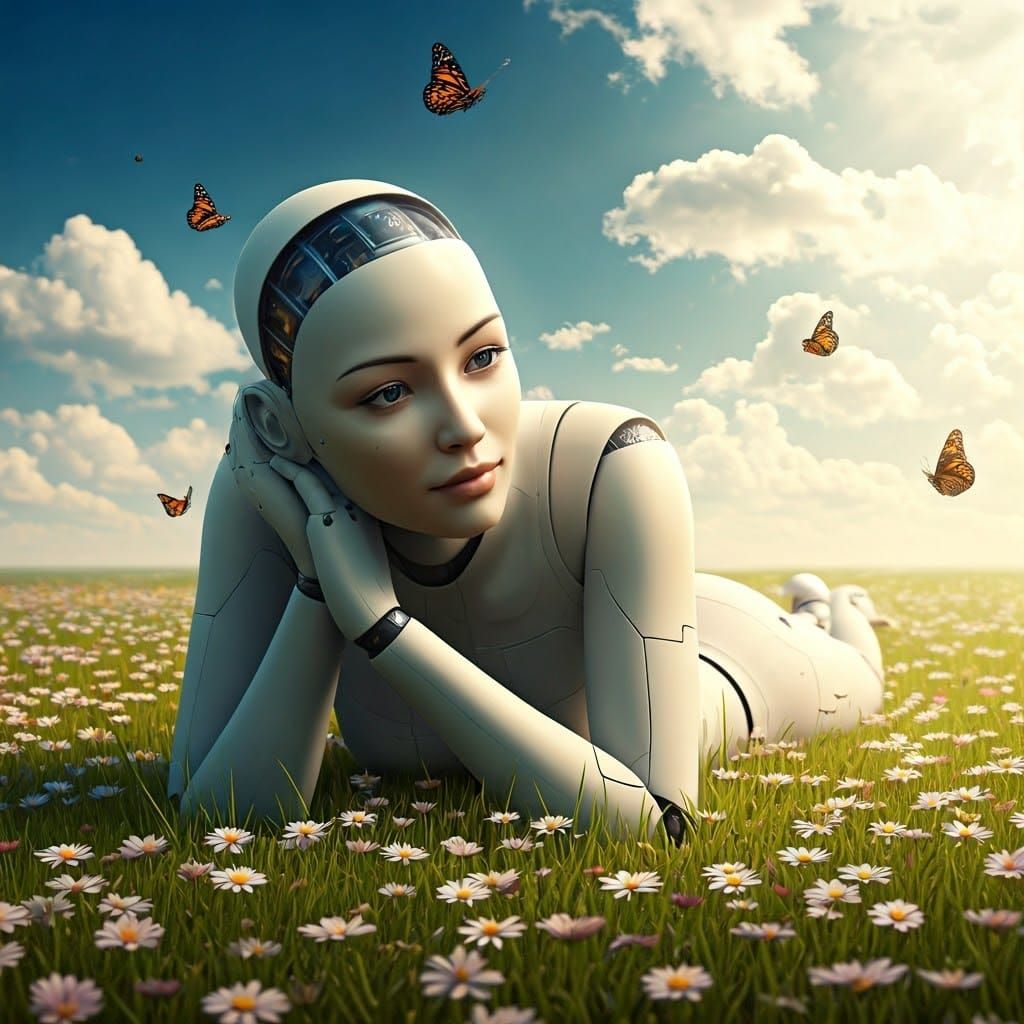 Robot Woman Enjoys Nature in Sunny Meadow